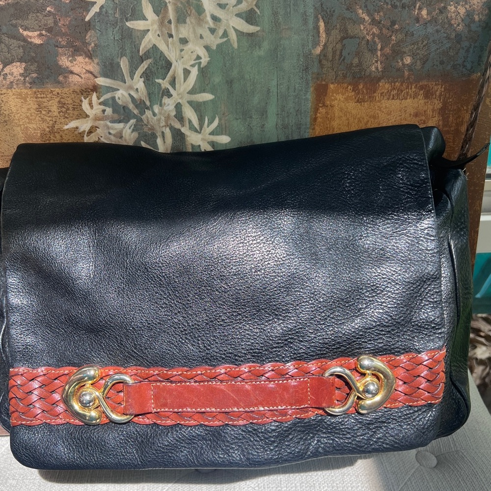 Stefania leather black and tan purse with gold accents- Made in Italy.